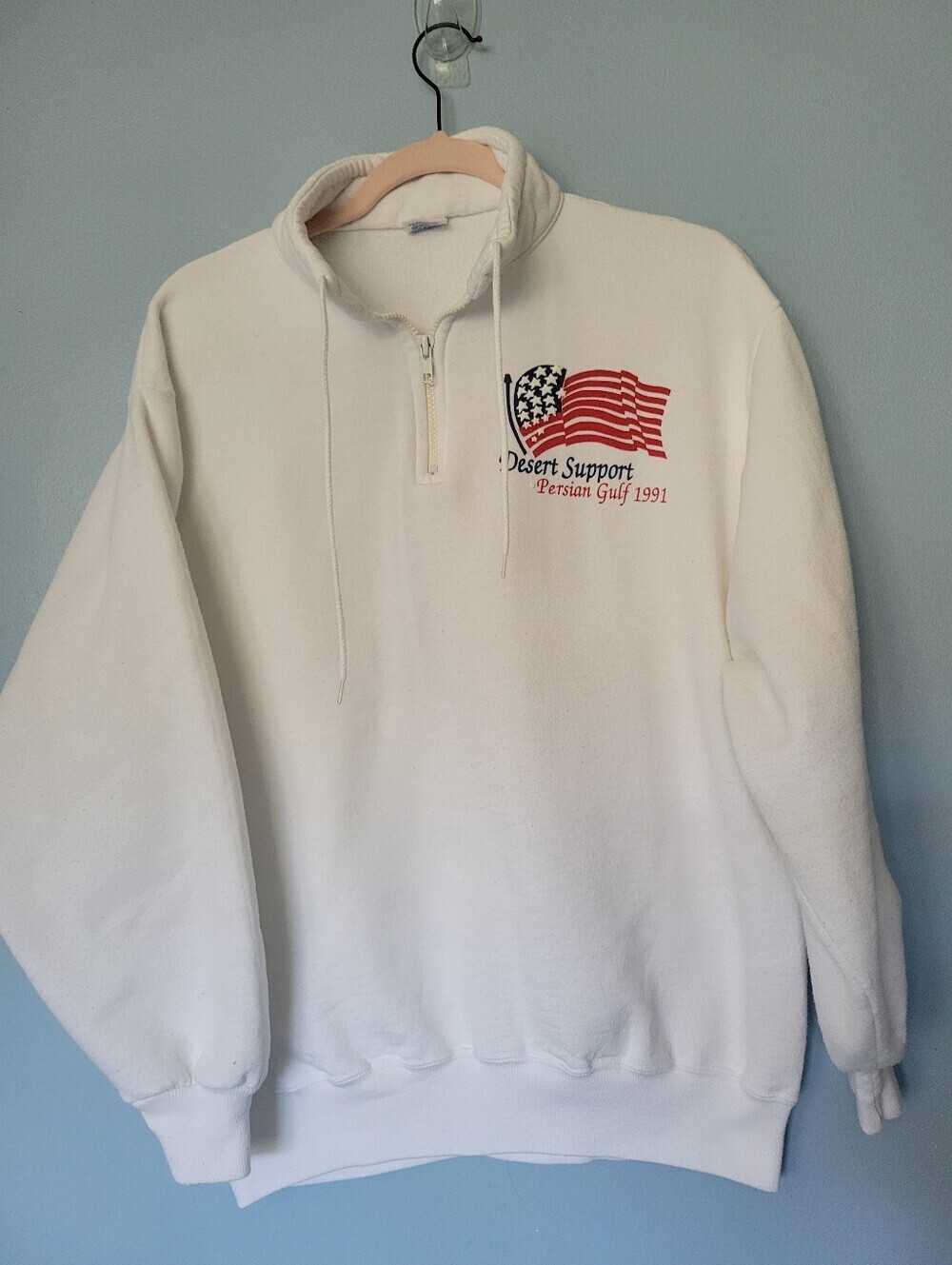 Vntg 1991 We Support Out Troops Jerzees White Quarter-Zip Sweatshirt L